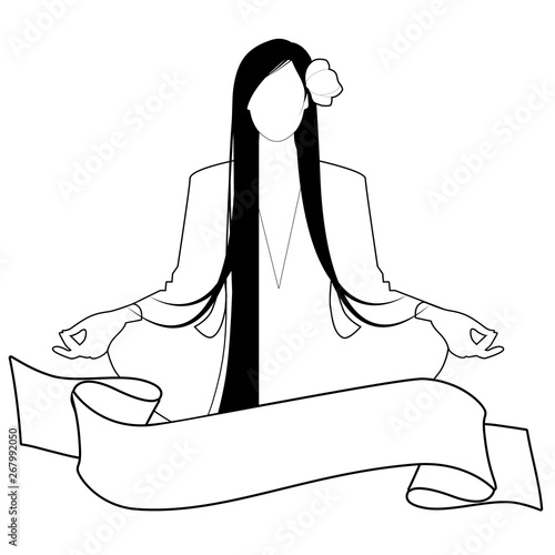 Illustration of girl with long hair and flower in her hair, doing yoga in lotus position and text banner, isolated on white background