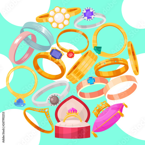 Wedding rings gold and silver metal vector illustration. Jewelry diamond ceremony gemstone present. Fashion precious accessory round pattern. Marriage couple relationship romance celebration.