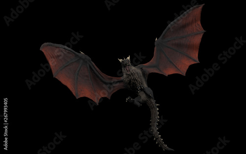 Dragon is landing and approaching ground undershoot black background isolated 3d illustration
