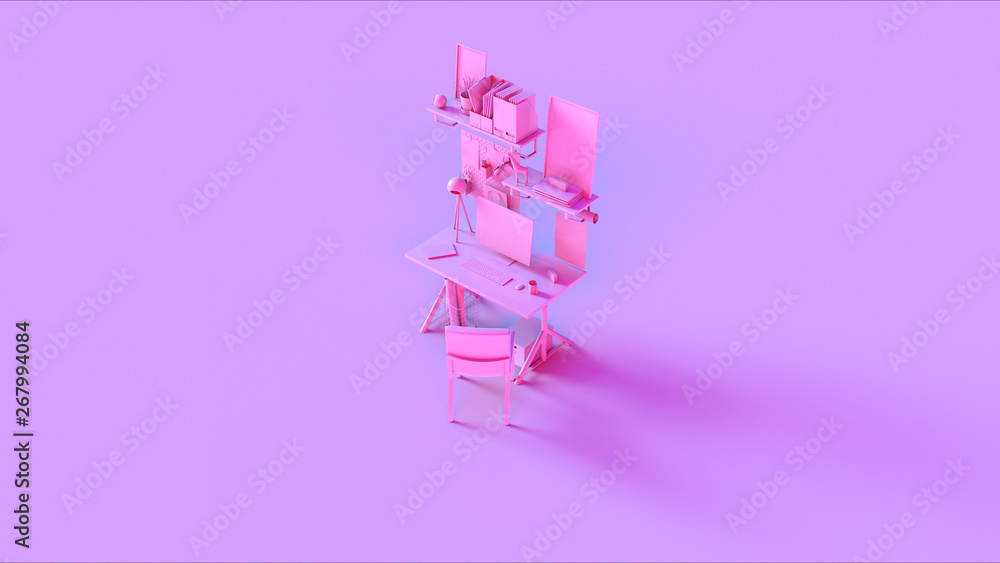 Pink Small Contemporary Home Office Setup with Shelf's Picture Frames Headphones an Desk Lamp 3d illustration 3d rendering