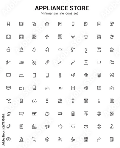Creative appliances store line icons set