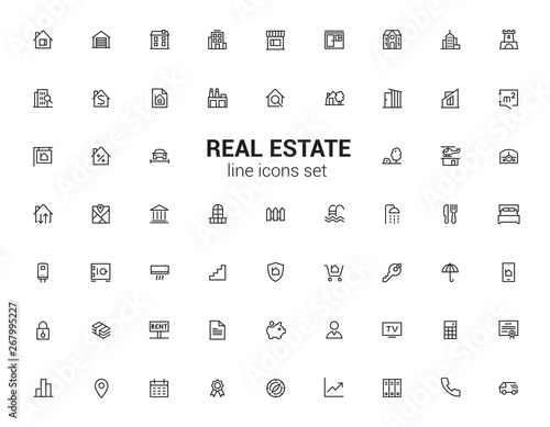 Real estate agent, apartments, houses and plots. Minimalism logos and symbols. Line icons set.