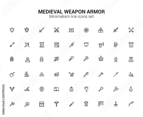 Medieval Weapon Armor Middle Ages Line Icons set. Minimalism symbols.