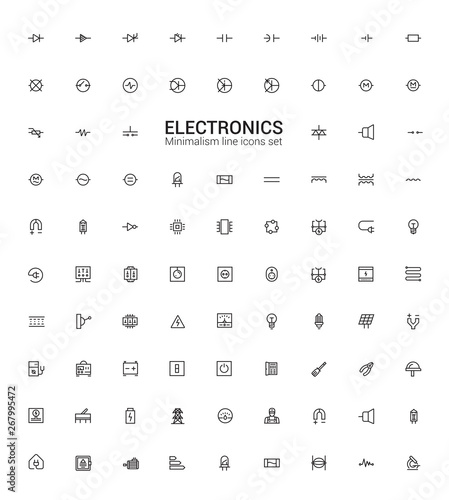 Electronics, electrical components, current, batteries. Line icons set.