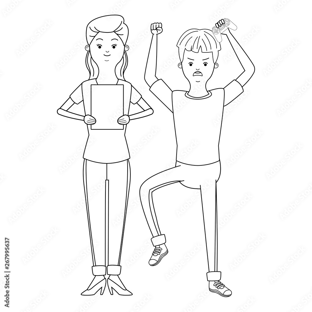 Millennial people game party in black and white Millennial people game party in black and white