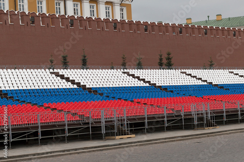 Tribunes in tricolor colors on Red Square in Moscow. Preparations for hosting victory parade