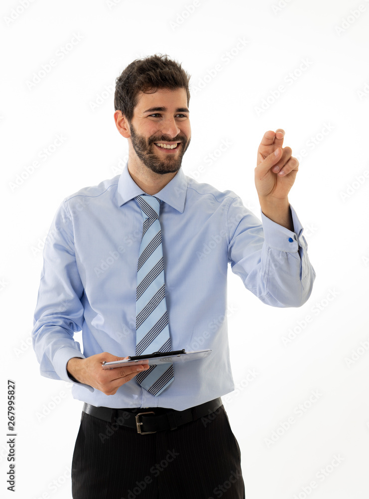 Portrait of a young handsome and confident businessman pointing as touching virtual screen Portrait of a young handsome and confident businessman pointing as touching virtual screen