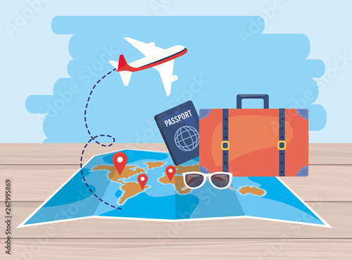 global map locations with airplane and passport