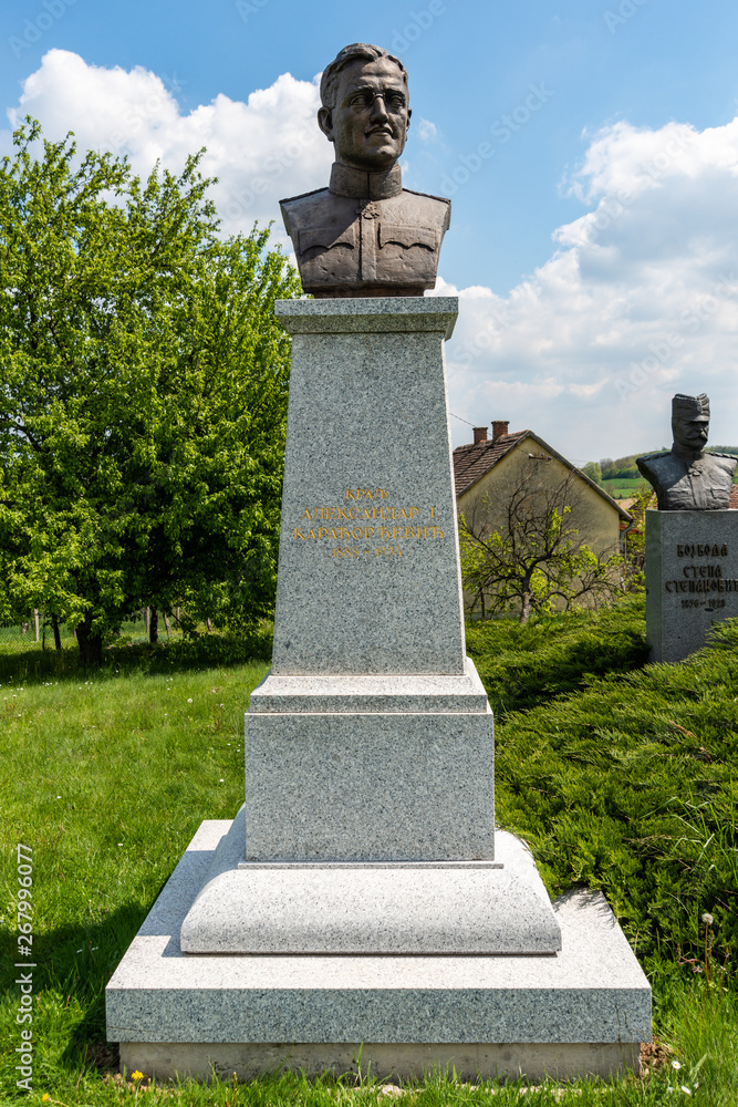 Cer, Serbia April 19, 2019: Monument of Aleksandar I Karadjordjevic, also known as Alexander the Unifier, served as a prince of the Kingdom of Serbia from 1914 and King of Yugoslavia from 1921 to 1934
