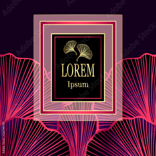 Template for package or flyer from Luxury background with  leaves  in magenta gold  for cosmetic or perfume or shampoo or  for package of  tea or label or for brand book