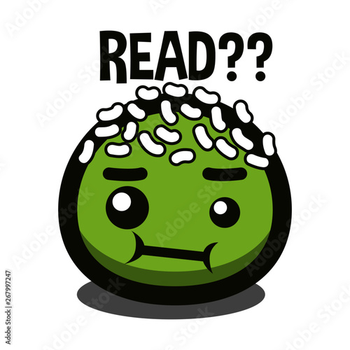 Green food dumpling character with coconut sprinkles cranky and staring with saying read only