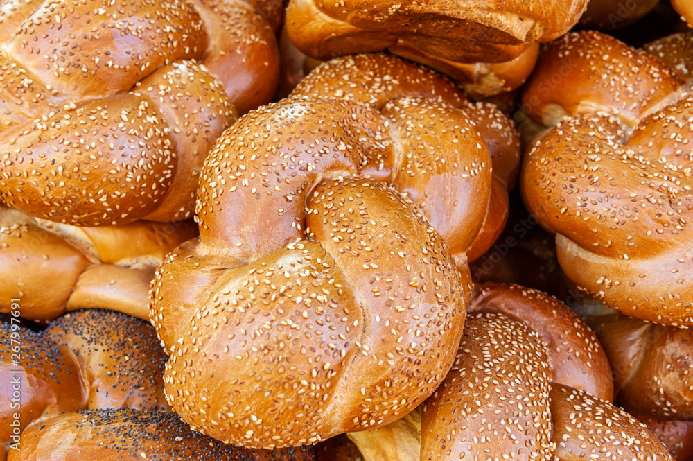 Challah bread sold in Shuk Hacarmel market, Tel Aviv, Israel