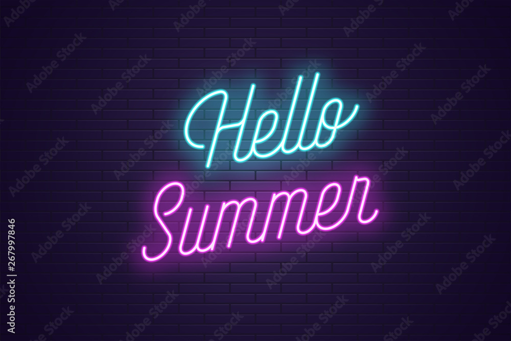 Neon lettering of Hello Summer. Glowing text