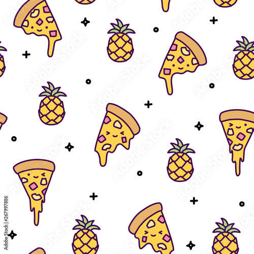 Hawaii pineapple pizza seamless pattern cute kawaii