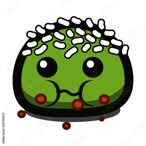 Green cute food dumpling character with coconut sprinkles chewing food