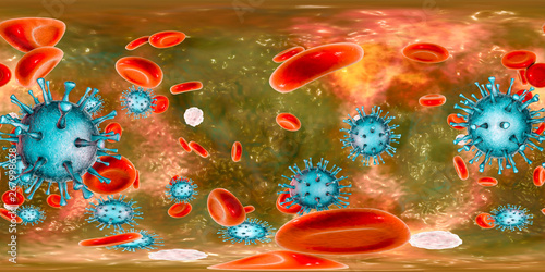 Cytomegaloviruses CMV in human blood, 360-degree spherical panorama, 3D illustration. A DNA virus from Herpesviridae family, mostly causes diseases in newborns and immunocompromised patients photo