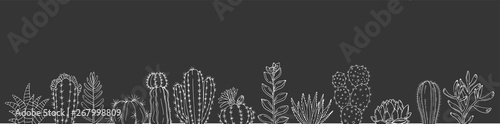 Poster with seamless ornament hand drawn cacti and succulents on a chalkboard background photo
