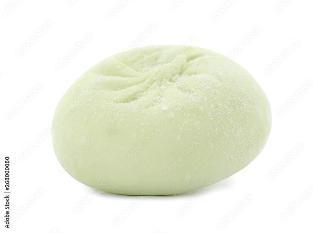 Raw dumpling with tasty filling on white background