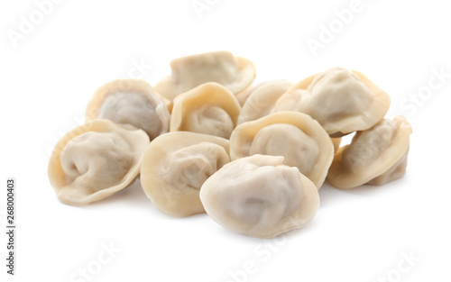Pile of boiled dumplings on white background
