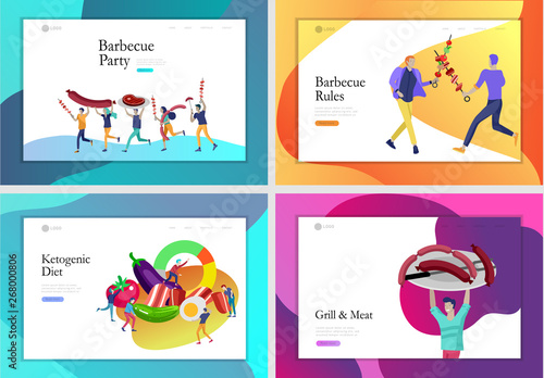 Landing page template people preparing barbecue. BBQ party. People grilling meat. Keto diet Cartoon people characters concept with low carb diet chart. Healthy ketogenic state