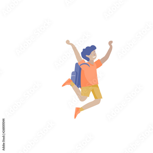 Happy school child joyfully jumping and laughing on background. Concept of happiness, gladness and fun. Vector illustration for banner, poster, website, invitation.