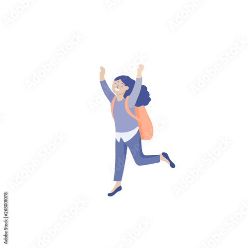 Happy school child joyfully jumping and laughing on background. Concept of happiness, gladness and fun. Vector illustration for banner, poster, website, invitation.