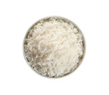 Bowl of tasty cooked rice on white background, top view