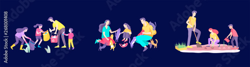Collection of family hobby and activities. Mother, father and children play with cats, collect garbage for recycling, gardening and transplant sprouts. Cartoon vector illustration