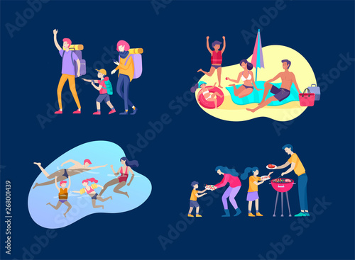 Collection of family hobby activities. Mother, father and children sunbathing, swimming, hiking, traveling, preparing barbecue together. Cartoon vector illustration