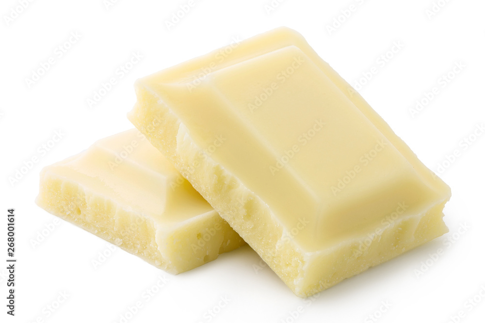 Two squares of white chocolate isolated on white. Rough edges.