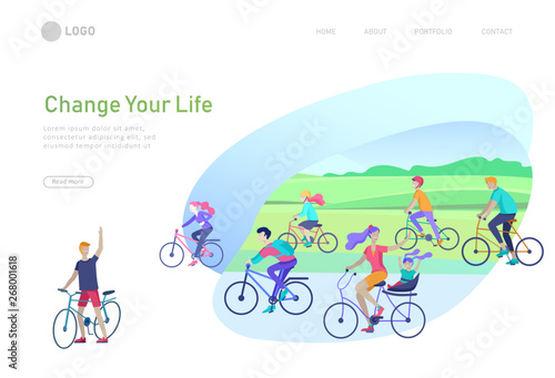Landing page template with family riding bicycles, man waving his hand, mother riding bicycles with child. People cycling outdoor activities concept at park, healty life style. Cartoon illustration