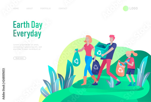 Landing page template with people Recycle Sort Garbage in different container for Separation to Reduce Environment Pollution. Family with kids collect garbage. Earth Day vector cartoon illustration