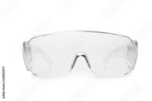 Protective goggles on white background. Construction tool