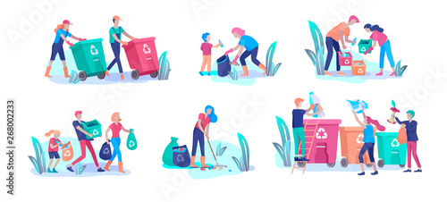people and children Recycle Sort organic Garbage in different container for Separation to Reduce Environment Pollution. Family with kids collect garbage. Environmental day vector cartoon illustration