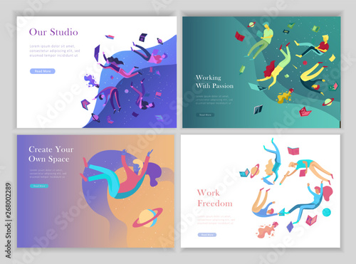 landing page templates set. Inspired People flying. Create your own spase. Characters moving and floating in dreams, imagination and freedom inspiration design work. Flat design style