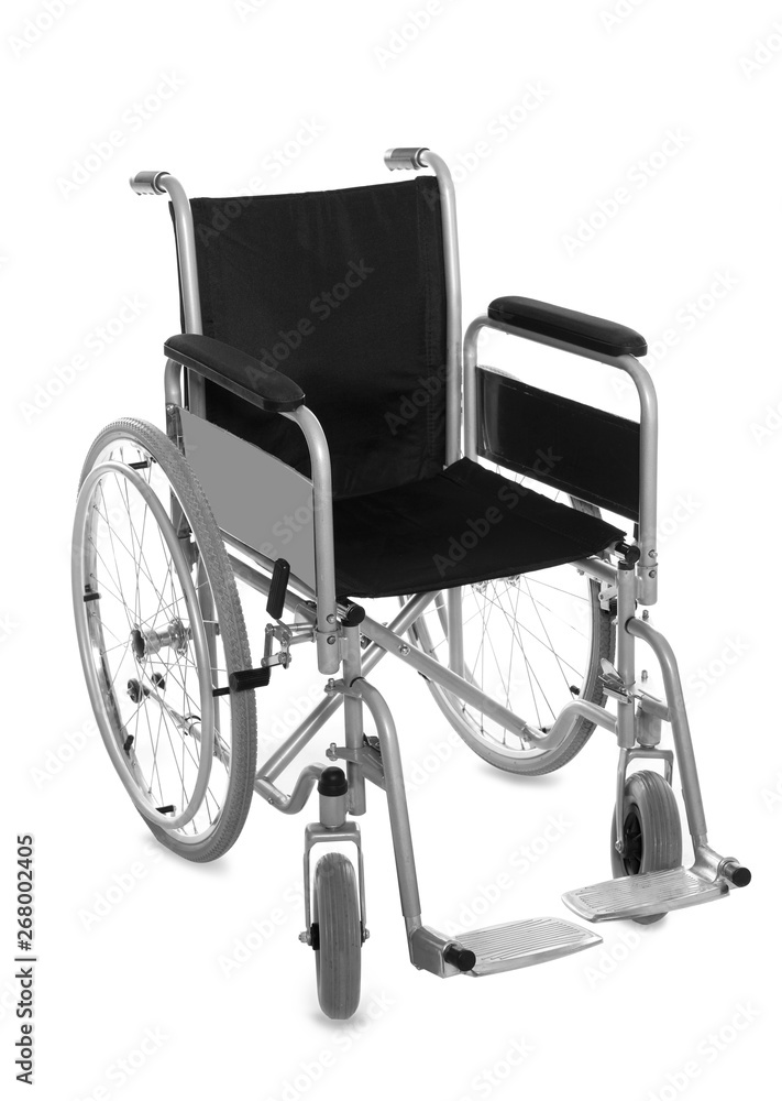 New modern empty wheelchair on white background