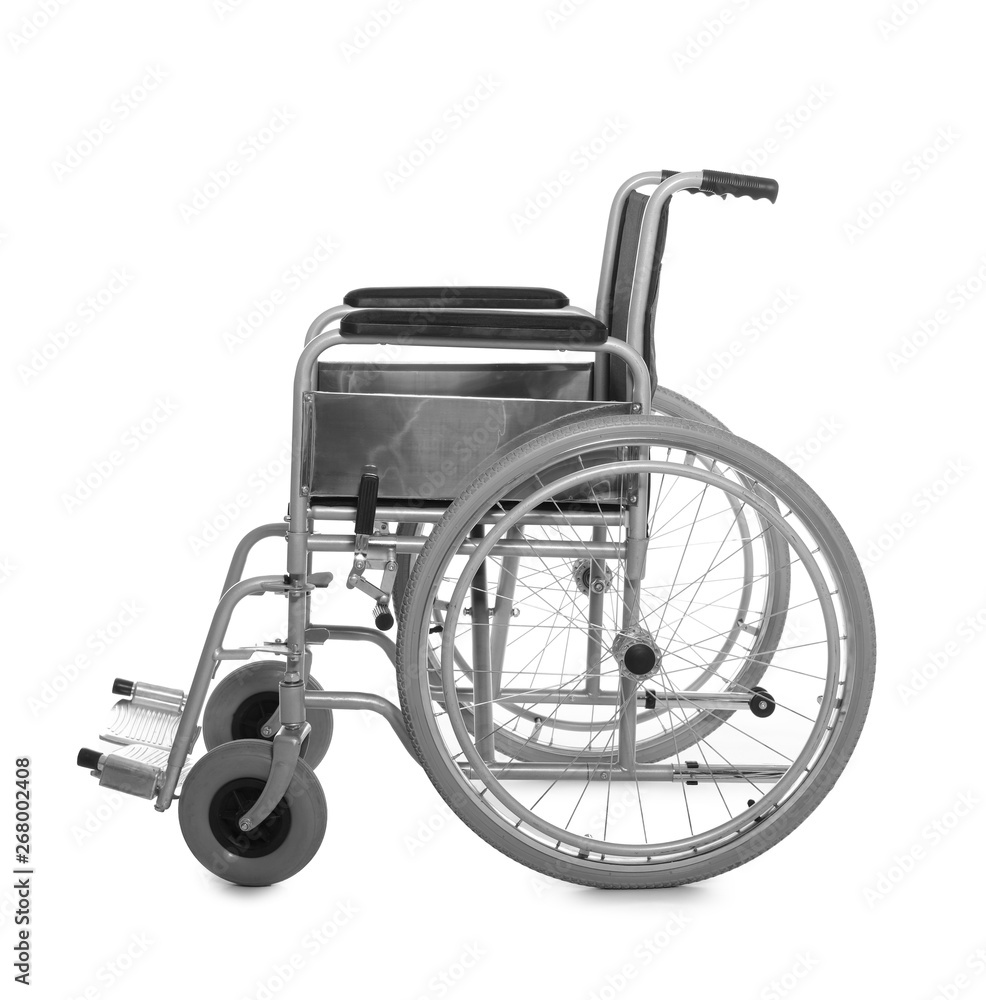 New modern empty wheelchair on white background New modern empty wheelchair on white background