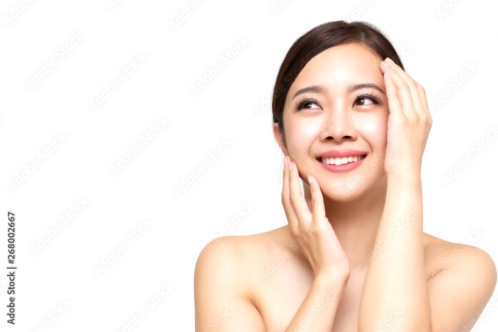 Happy beautiful young Asian woman with clean fresh skin, Girl beauty face care, Facial treatment and cosmetology spa concept Happy beautiful young Asian woman with clean fresh skin, Girl beauty face care, Facial treatment and cosmetology spa concept