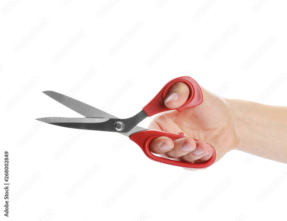 Man holding pair of sewing scissors isolated on white, closeup Man holding pair of sewing scissors isolated on white, closeup