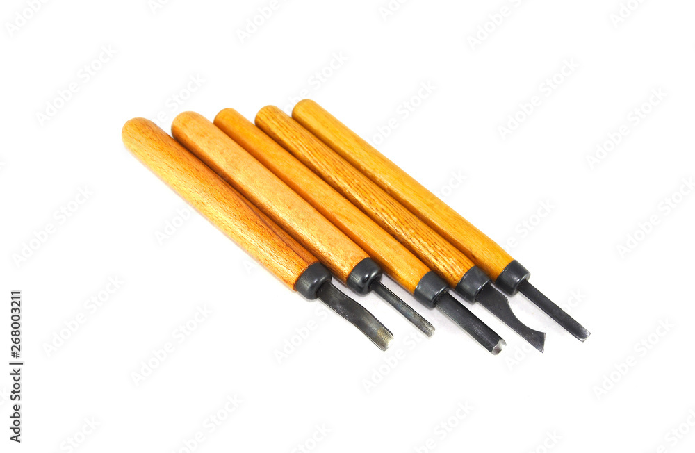 Wood carving tool on white background close up Wood carving tool on white background close up