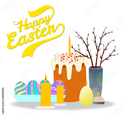 Easter kulich, colored eggs, candles, Willow