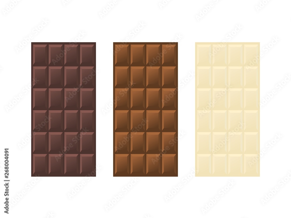 Bitter or dark, milky and white chocolate bars set. Set of chocolate bars without packaging wrap or box isolated on white background Bitter or dark, milky and white chocolate bars set. Set of chocolate bars without packaging wrap or box isolated on white background