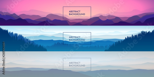 Fototapeta Naklejka Na Ścianę i Meble -  Set of panoramic vector landscapes. minimalistic background. Widescreen wallpapers. Abstract mountains and forests in a flat style. Pastel colors