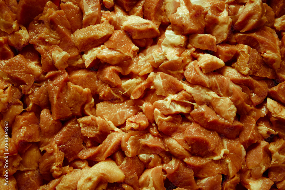 Heap of raw diced beef meat isolated, top view Heap of raw diced beef meat isolated, top view