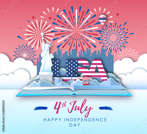 Vector illustration of America Independence day with holiday firework. Cut out paper art style design
