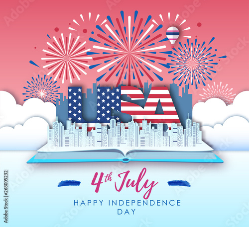 Vector illustration of America Independence day with holiday firework. Cut out paper art style design