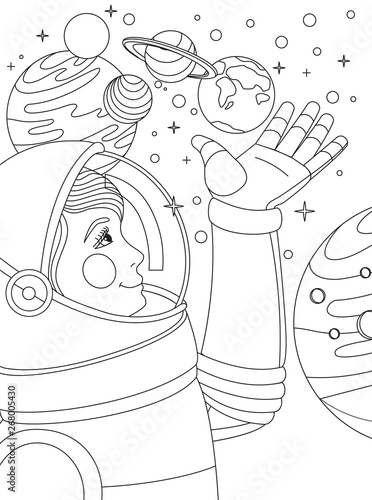 Cosmonaut in outer space with planets.
