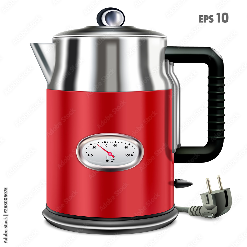 Electric kettles red color appliance for home use in the kitchen. For boiling  water for tea or coffee. Isolated on white background vector illustration  Stock Vector