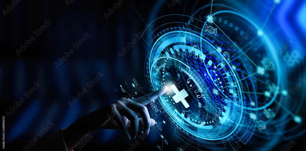 Doctor hand with stethoscope and Ui icon medical in hospital with medical technology network concept.