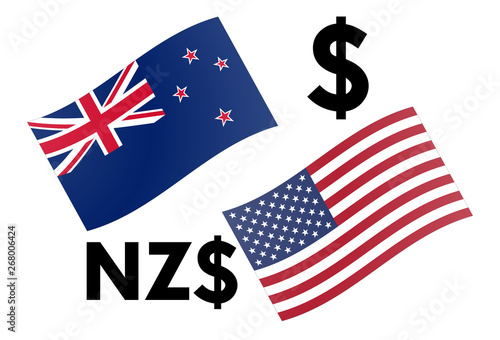 NZDUSD forex currency pair vector illustration. New Zealand and American flag, with Dollar symbol.